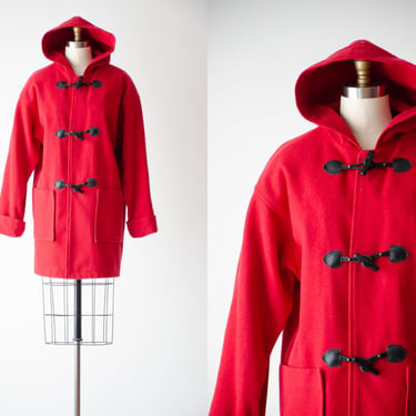 red wool coat | 90s vintage bright red hooded duffel toggle wool jacket 
