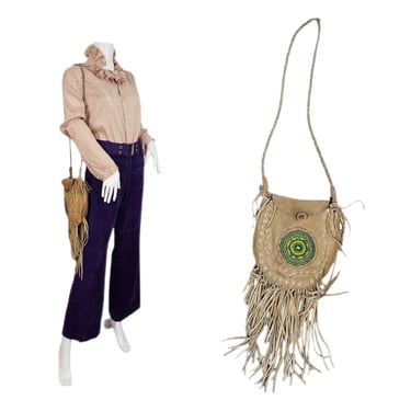 1960's Tan Suede Beaded Fringe Hippie I Medicine Bag I Purse I Shoulder Bag I Leather 