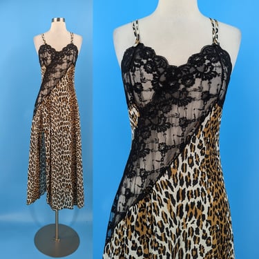 Vintage 80s Fredrick's of Hollywood Small Leopard Print and Black Lace Nightgown - Eighties Leopard Print Negligee Lingerie 