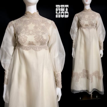 Pretty Vintage 70s Dusty Cream & Beige Embroidery Victorian Style Dress with Bishop Sleeves 