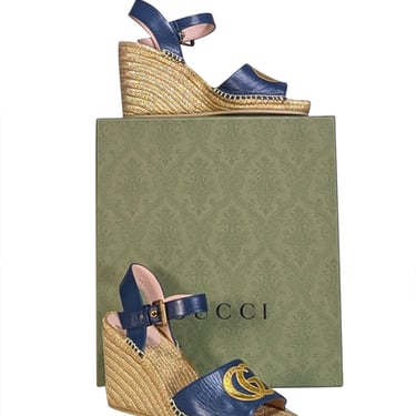 Gucci - Gold & Navy Espadrille Wedge Sandals Sz 9