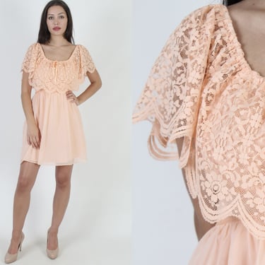 Sheer Lace Capelet Bodice Dress / Vintage 70s Plain Peach Off Shoulder Party Outfit / Simple Solid Color Mini Dress Medium M 