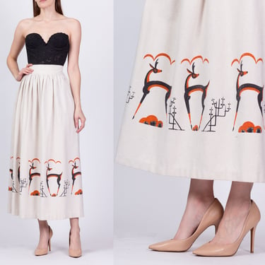 60s Novelty Deer Print Maxi Skirt - Medium | Vintage Woven Cotton A Line Long Boho Hostess Skirt 