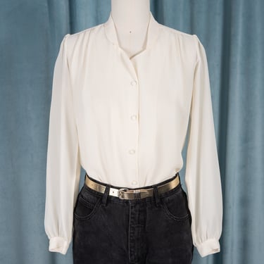 Vintage 80s Lloyd Williams Ivory Blouse with Unique Collar and Covered Buttons 