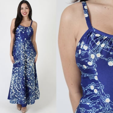 Malihini Brand Hawaii Bright Op Art Print Dress, 70s Vintage Spaghetti Strap Hawaiian Sundress 