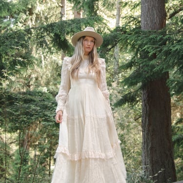 1970s Victorian Style Wedding Dress, Gauzy Natural Cotton + Lace Boho Prairie Dress, Sweeping Skirt, High Neck, Long Sheer Poet Sleeves 