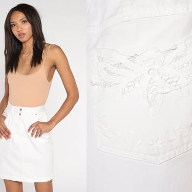 White Jean Skirt 80s 90s Denim Lace Cutwork Mini Skirt Floral Embroidered Pencil 1990s High Waisted Cutout 1990s Vintage Extra Small xs 25 