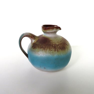 Signed Fat Lava Pottery Jug Vase in Turquoise Blue and Brown 