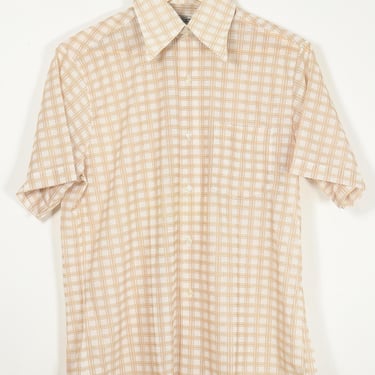 Vintage 1970's Men's Short Sleeve Shirt, White and Tan Plaid, 15-15.5 Medium 