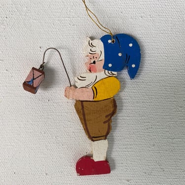 Vintage German Elf Holding Lantern Ornament, Christmas Ornament, Gnome Holding Lamp, Germany, Wood Hand Painted Figure, Erzgebirge Region 