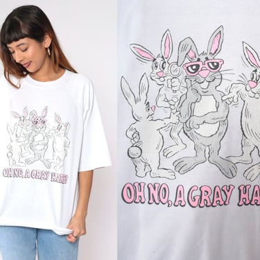 Rabbit Pun Sweatshirt 80s 90s Oh No A Grey Hare Kawaii Joke Cartoon Bunny Print Vintage Retro Crewneck Graphic 1980s Cutoff White Large xl 