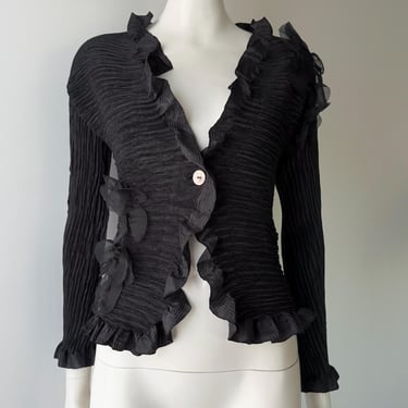 Yoshiko Kaji Black Ruffled Micropleat Cardigan OSFM 