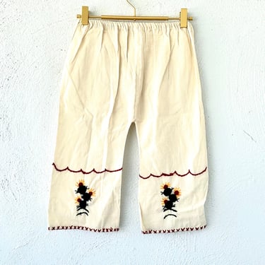 Vintage 70s Mexican Embroidered Gauze Kids Pants Cactus Floral Hippie Girls Boys Bottoms White Wide Linen Pants 