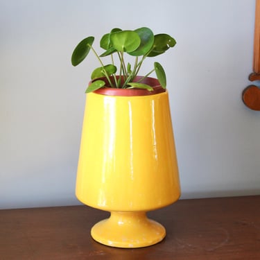 Large Mid Century Ceramic Pedestal Vase - Bright Yellow Glazed Vintage Plant Pot 