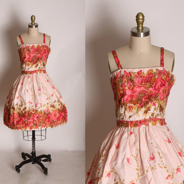 1950s Pink Strap Sleeveless Fit and Flare Novelty Bird Swallow and Floral Rose Border Print Dress -S 