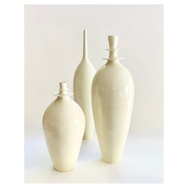 SHIPS NOW- Seconds Sale- Set of 3 Large Stoneware Flanged Vases in Cream White Gloss Glaze by Sara Paloma Pottery- 18