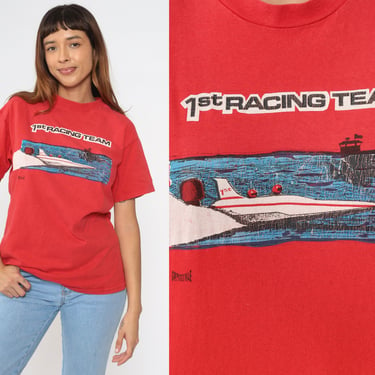Speedboat Racing Shirt 90s 1st Racing Team Powerboat T-Shirt Boating Graphic Tee Red Single Stitch Boat Vintage 1990s Small Medium 