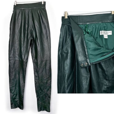 Green LEATHER Pants Lillie Rubin, Made In Israel Designer Vintage Trousers Supple Soft Lined 1980's 