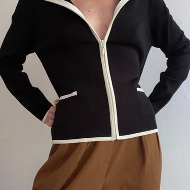 vintage knit black and white zip up cardigan blouse 