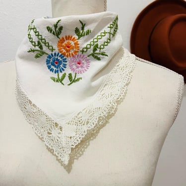 Handmade Vintage White Crochet Lace Trim Floral Embroidered Square Bandana 