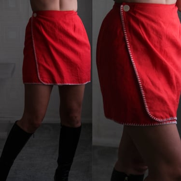 Vintage 90s BLOOMINGDALES Red Linen Mini Wrap Skirt w/ White Catch Stitch Hemline | 100% Linen | UNWORN W/ Tags | 1990s Designer Mini Skirt 