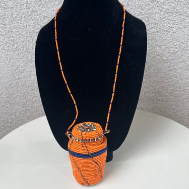 Vintage funky seed beaded orange basket necklace 14”Drop 