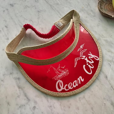 1980s Ocean City Visor Tinted Beach Cap Souvenir Woven Red Translucent Vintage Mid-Century ROC Taiwan 