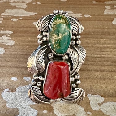 BEYOND BEAUTY Abel Toledo Large Handmade Ring Sterling Silver, Turquoise, Coral | Native American Navajo Jewelry Southwestern | Size 9 1/2 