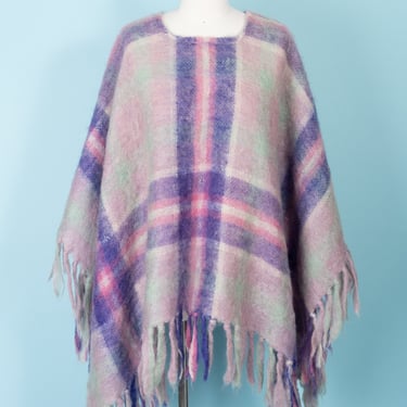 Incredible 1960s Creagaran Mills of Scotland Hand Knit Mohair Pastel Pink and Purple Plaid Fringed Poncho 