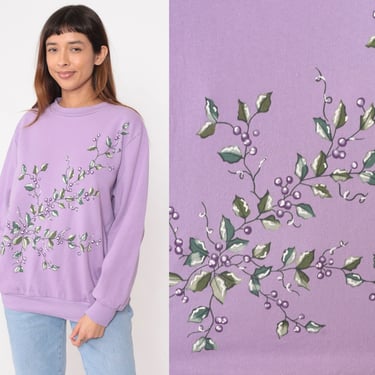 90s Purple Berry Sweatshirt Graphic Botanical Lavender Leaf Nature Print Slouchy Pullover Crewneck Sweater Retro Vintage 1990s Large L 