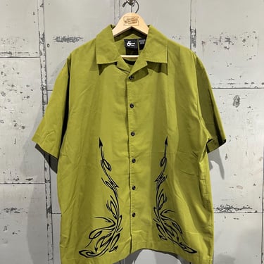 L y2k Green Tribal open collar button up shirt Printed Funky cyber Street culture brand Guy Fieri Grilling tee unc 