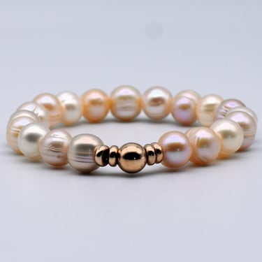 80's glam punk circle pearls rose gold vermeil 925 silver bracelet, Honora Italy sterling baroque pearl stretch 