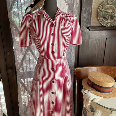 Vintage 1930s 40s Striped Seersucker Button Up Shirt Dress- Size Small 