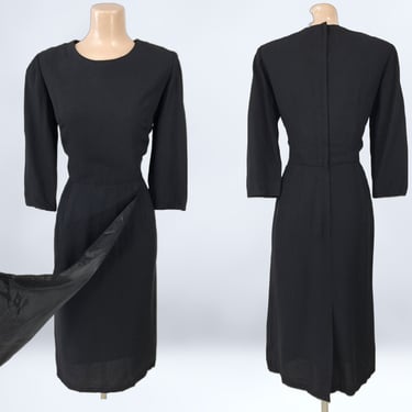 VINTAGE 50s Black Crepe Pencil Dress with Flyaway Front Panel | 1950s Bombshell Cocktail Dress | Jack Mann Original vfg 
