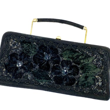 Vintage 1950s Fancy Embellished Black Handbag by Caron of Houston, 50s Collectible Hand-Decorated Top Handle Purse, VLV Viva Las Vegas 