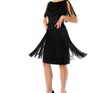 1960S EDWARD ABBOT Black Silk Duchess Satin Fringe Cocktail Dress 