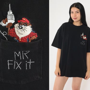 90s Taz T-Shirt Looney Tunes Mr Fix It Shirt Tasmanian Devil Graphic Tee Retro Cartoon Tshirt Warner Bros Black Pocket Vintage 1990s Large 