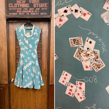 Vintage 1940’s Silky Rayon Atomic Playint Cards Gambling Vegas Rockabilly Dress, 1940’s Dress, Vintage Novelty Print, Rayon Dress, Poker, 