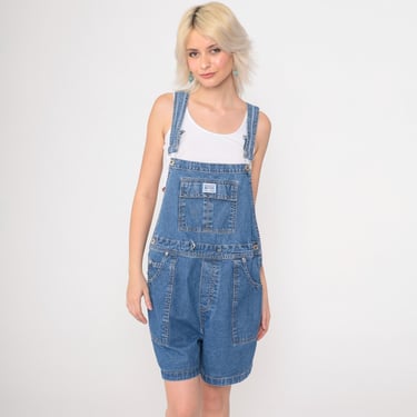 Denim Overall Shorts 90s Blue Jean Overalls Retro Basic Pocket Bib Shortalls Blue Streetwear Dungarees 1990s Medium Large 