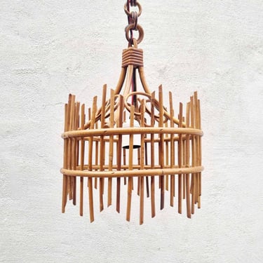 Mid Century Rattan Ceiling Lamp / Vintage Bamboo Lamp / Italian French Riviera Round Lamp / Boho Lamp / Vintage Lights / Italy / 1960 / '60s 