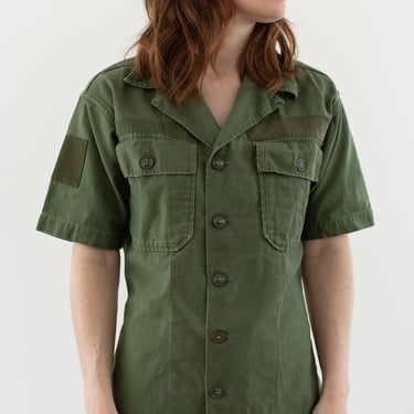 Vintage Olive Green Short Sleeve Slim Shirt | Unisex Patched Cotton Button Up Shirt Army Jacket | XS S 