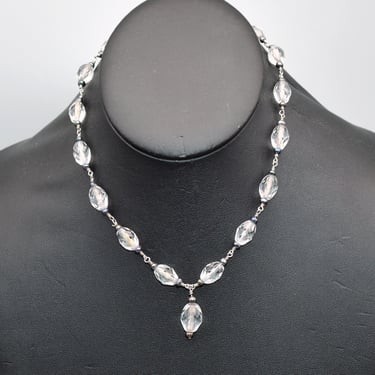 60's sterling lead crystal peacock pearl Y necklace, romantic 925 silver faceted glass choker 