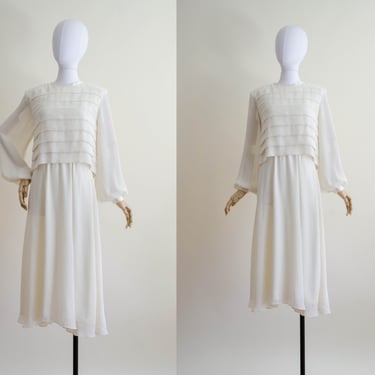 ivory midi dress | sheer white vintage dress | cottagecore dress | simple wedding dress | women's vintage clothing 