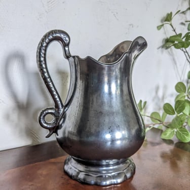 Vintage Dark Silver Metalic Ceramic Pitcher with Swan Neck Handle Beswick England 