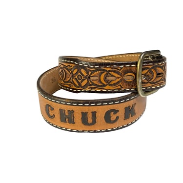 Vintage Tooled Stamped Leather CHUCK Name Floral Flower Brown Belt Size 36 