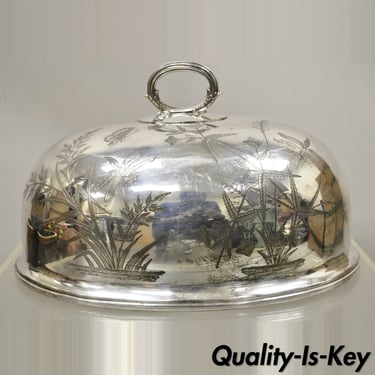 Victorian Butterfly Etched Silver Plated Covered Serving Platter Meat Dome