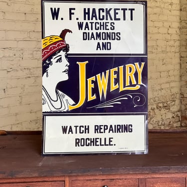 Antique Hackett Watches & Jewelry Embossed Tin Sign Rochelle, IL 