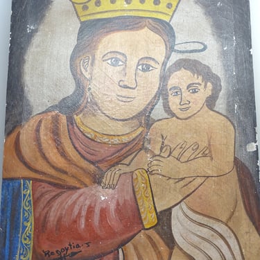 Antique Madonna holding Baby Jesus Votive Oil Painting on Canvas, Vintage Original Religious Retablo Painting, Artist Signed 