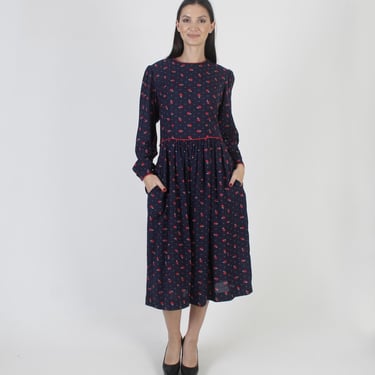 All Over Rose Floral Print Dress, Lanz Brand Mid Length, Navy Blue Color With Pockets, Tag Size 8 