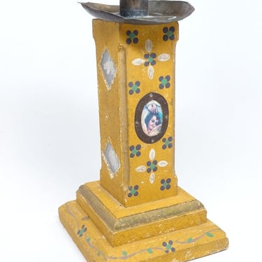 RESERVED LISTING for ANN------------------Antique Hand Painted Wooden Church Candle Holder with Milagros, Vintage Mexican Religious Folk Art 